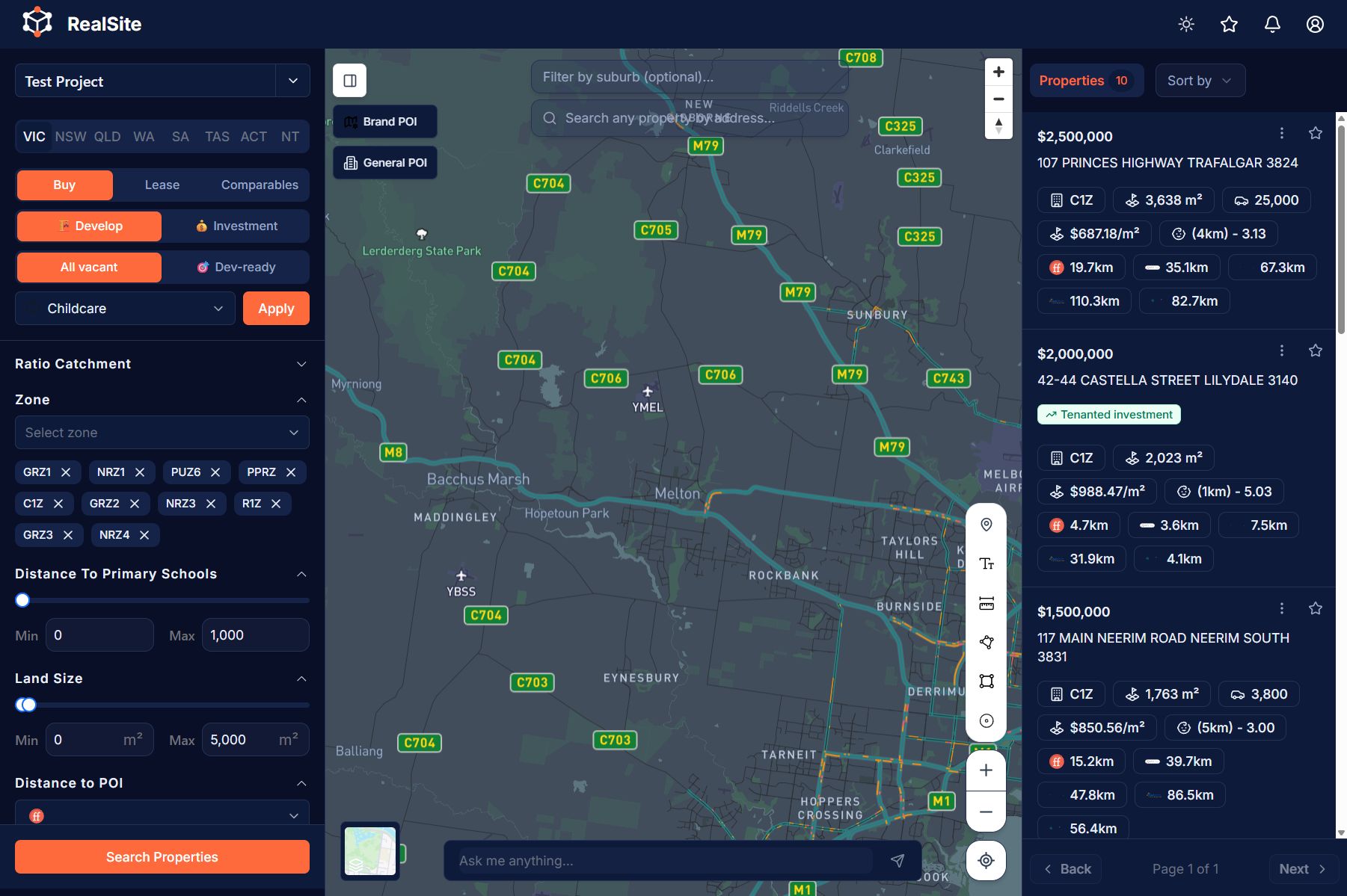 RealSite dark dashboard — map, filters and ranked site shortlist