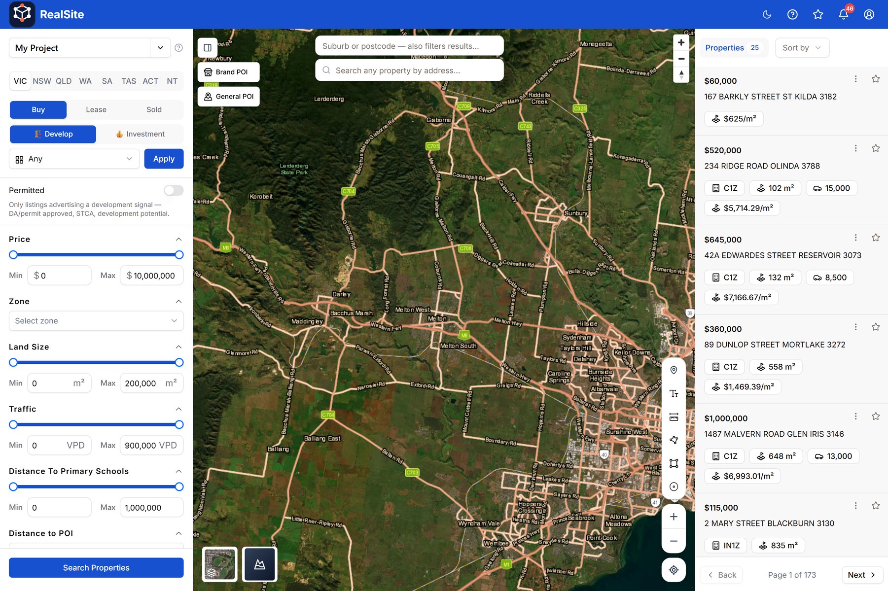 RealSite map with filters and a parcel card